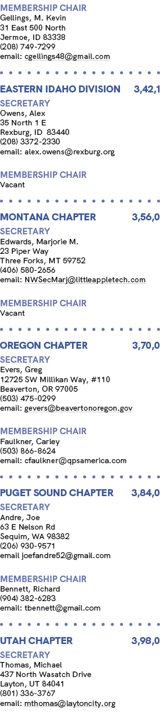 membership chair Gellings, M. Kevin 31 East 500 North Jermoe, ID 83338 (208) 749 7299 email: cgellings48@gmail.com EA...