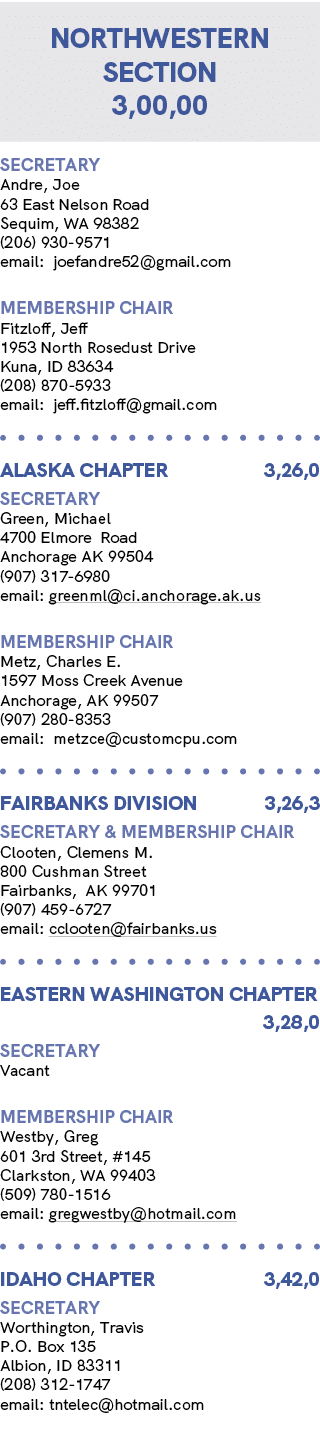 NORTHWESTERN section 3,00,00 Secretary Andre, Joe 63 East Nelson Road Sequim, WA 98382 (206) 930 9571 email: joefandr...