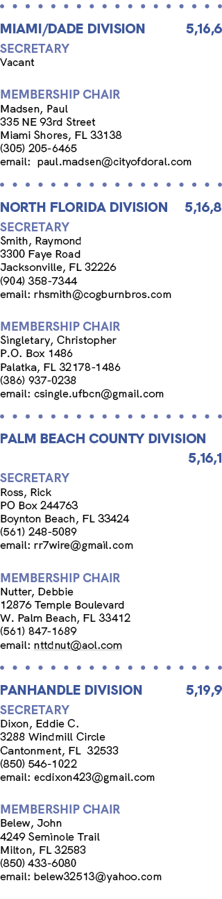  MIAMI/DADE Division 5,16,6 Secretary Vacant membership chair Madsen, Paul 335 NE 93rd Street Miami Shores, FL 33138 ...