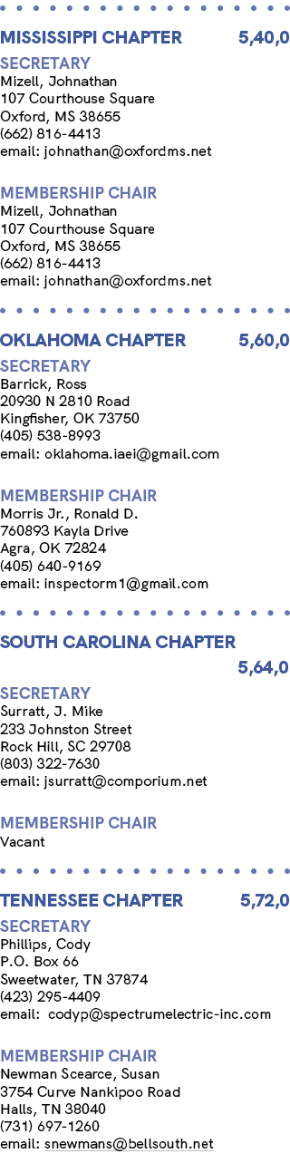  Mississippi chapter 5,40,0 Secretary Mizell, Johnathan 107 Courthouse Square Oxford, MS 38655 (662) 816 4413 email: ...