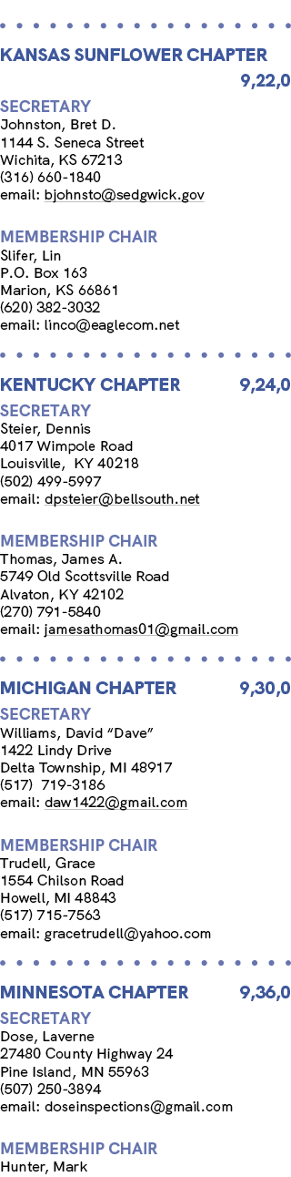  KANSAS SUNFLOWER Chapter 9,22,0 Secretary Johnston, Bret D. 1144 S. Seneca Street Wichita, KS 67213 (316) 660 1840 e...
