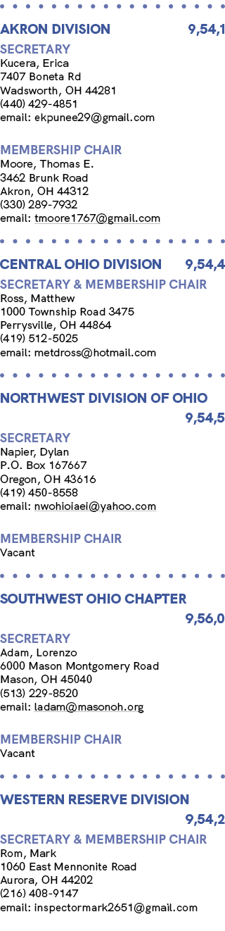  AKRON Division 9,54,1 Secretary Kucera, Erica 7407 Boneta Rd Wadsworth, OH 44281 (440) 429 4851 email: ekpunee29@gma...