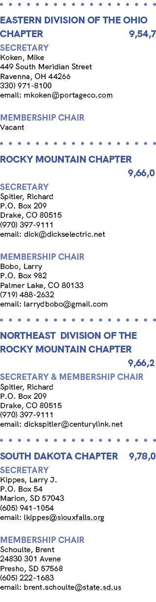  EASTERN Division OF THE OHIO Chapter 9,54,7 Secretary Koken, Mike 449 South Meridian Street Ravenna, OH 44266 330) 9...