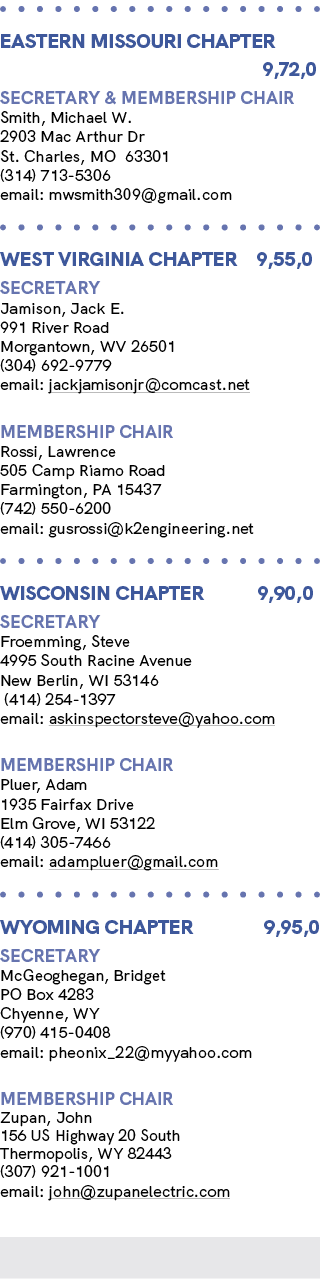 EASTERN MISSOURI Chapter 9,72,0 Secretary & MEMBERSHIP CHAIR Smith, Michael W. 2903 Mac Arthur Dr St. Charles, MO 63...