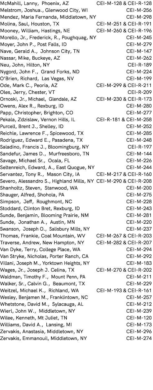 McMahill, Lanny, Phoenix, AZ CEI M 128 & CEI R 128 Melstrom, Joshua., Glenwood City, WI CEI M 256 Mendez, Maria Ferna...