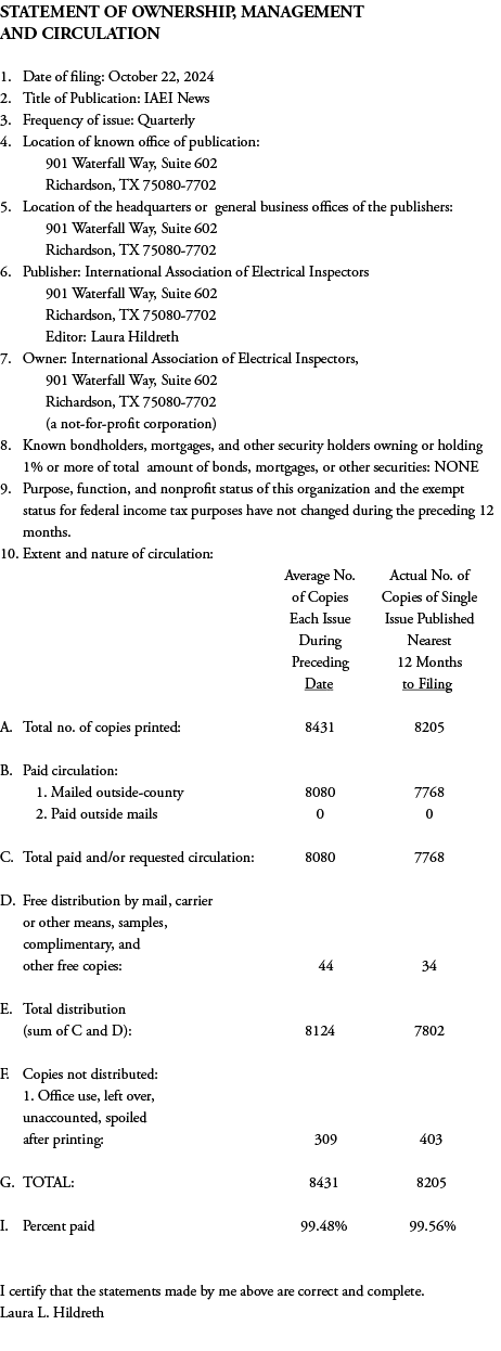 STATEMENT OF OWNERSHIP, MANAGEMENT AND CIRCULATION 1. Date of filing: October 22, 2024 2. Title of Publication: IAEI ...