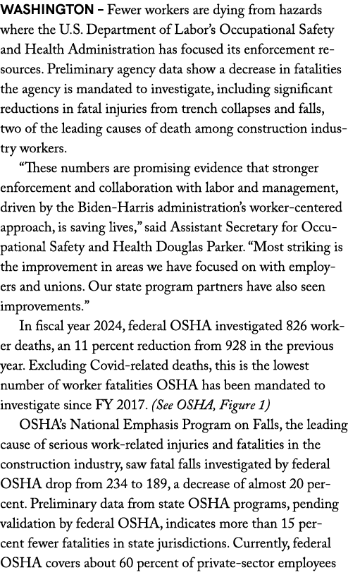 WASHINGTON – Fewer workers are dying from hazards where the U.S. Department of Labor’s Occupational Safety and Health...