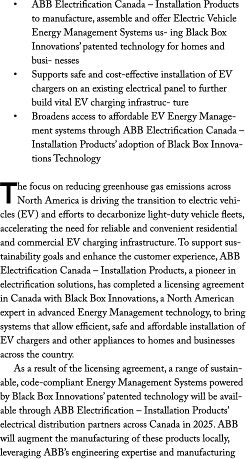 • ABB Electrification Canada – Installation Products to manufacture, assemble and offer Electric Vehicle Energy Manag...