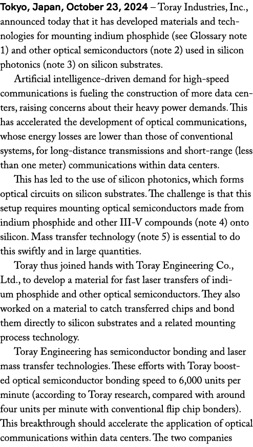 Tokyo, Japan, October 23, 2024 – Toray Industries, Inc., announced today that it has developed materials and technolo...