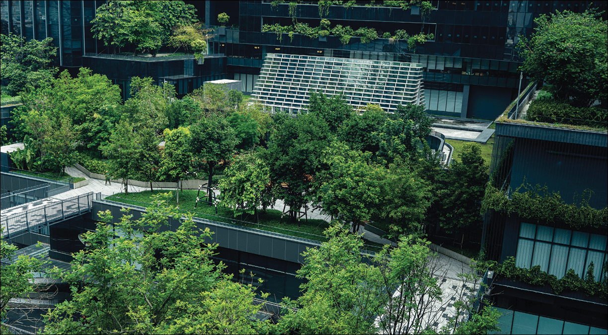 A view of the office building through green trees in front,True Digital Park is located in the eastern part of Bangkok. Close to Punnawithi BTS station and located in the heart of Thailand's digital innovation district
