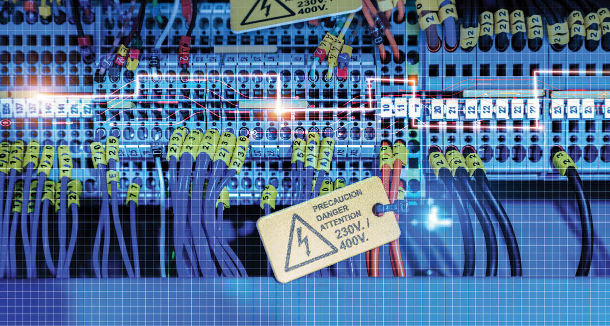 Electric wiring diagram of machinery in industrial factory. Terminal diagram with tag and warning label. High voltage electric wire. Automation machinery control panel. Electrical control cabinet.