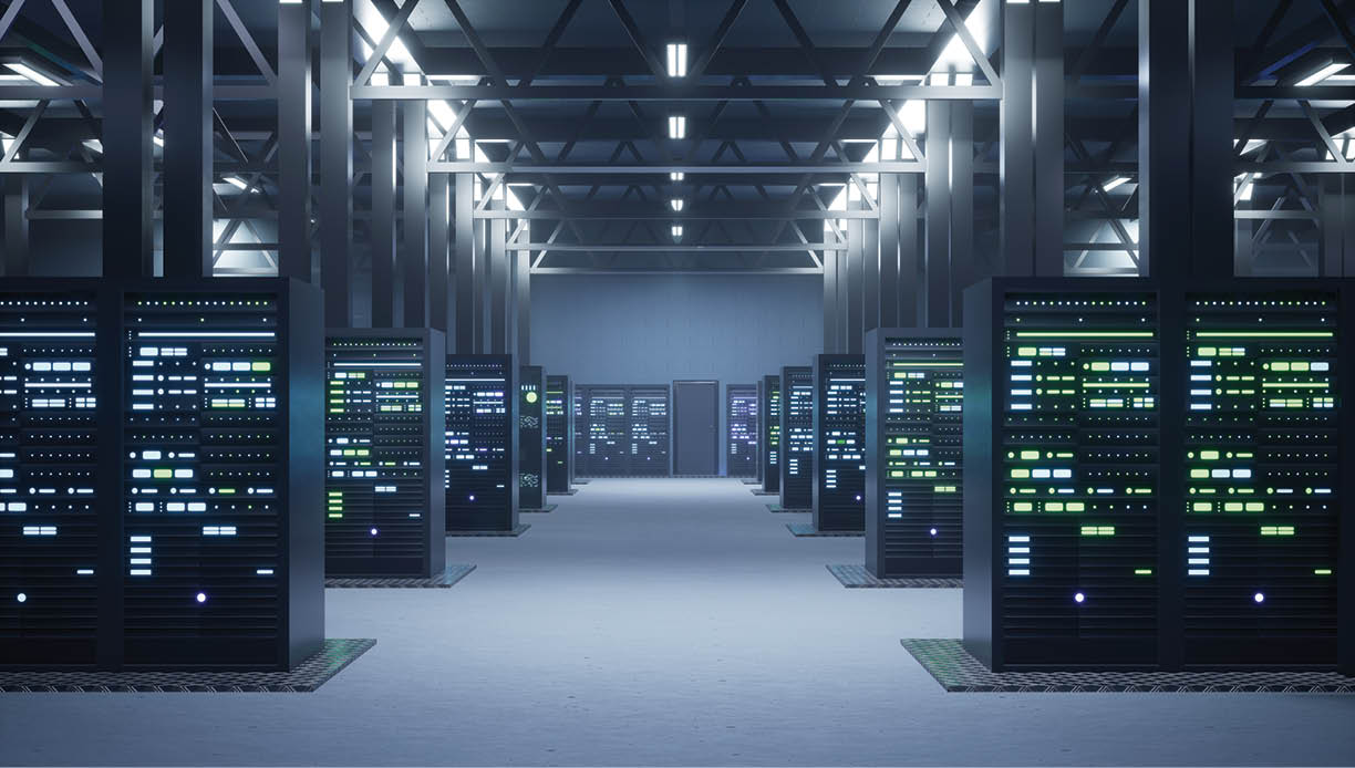 Operational server clusters in computer network security data storage facility. Mainframes providing processing power and memory resources for tedious workloads, 3D render animation