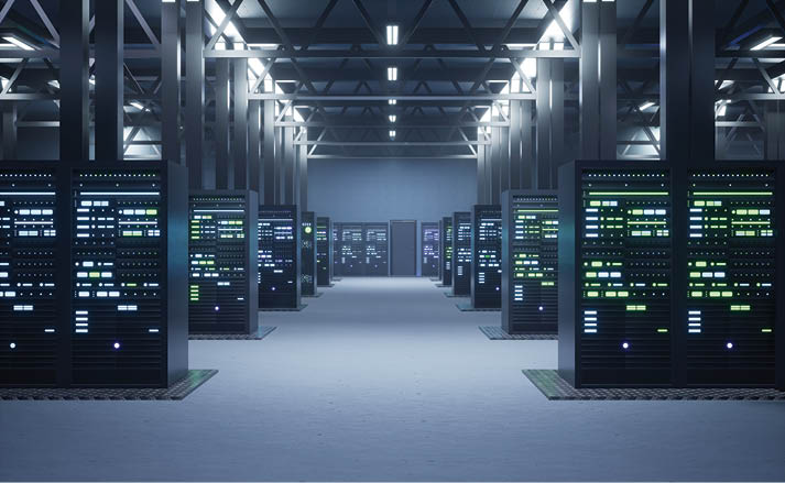 Operational server clusters in computer network security data storage facility. Mainframes providing processing power and memory resources for tedious workloads, 3D render animation