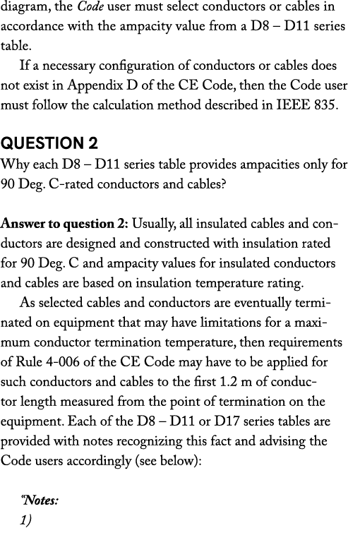 diagram, the Code user must select conductors or cables in accordance with the ampacity value from a D8 – D11 series ...