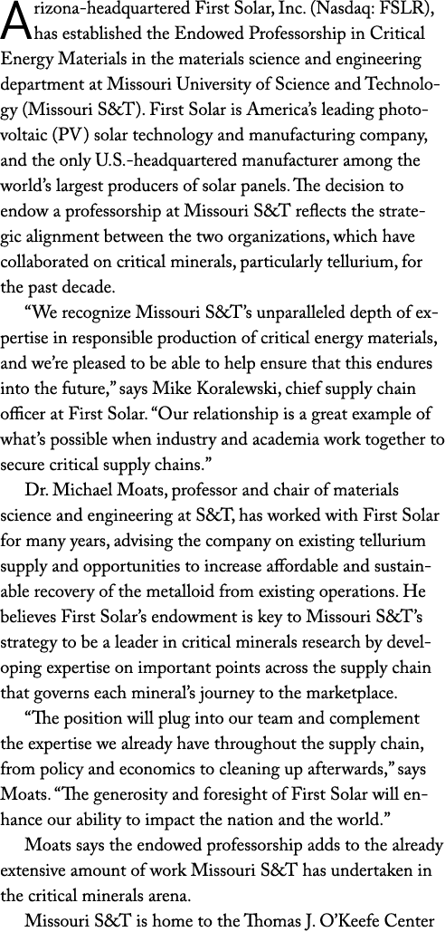 Arizona headquartered First Solar, Inc. (Nasdaq: FSLR), has established the Endowed Professorship in Critical Energy ...