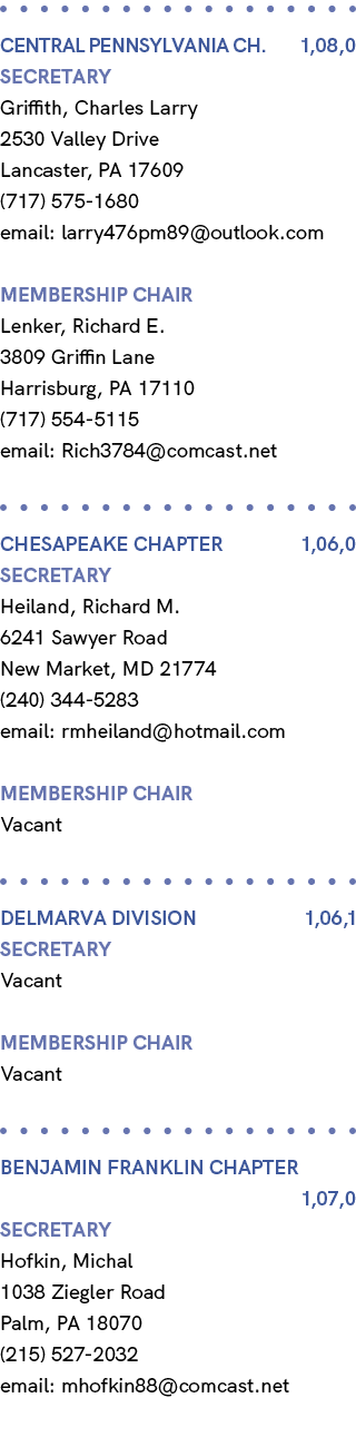 Central Pennsylvania Ch. 1,08,0 Secretary Griffith, Charles Larry 2530 Valley Drive Lancaster, PA 17609 (717) 575 168...