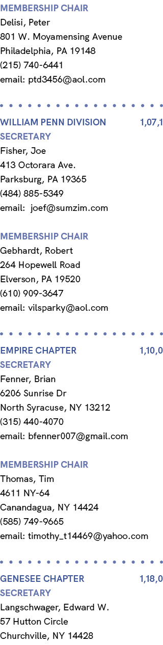 membership chair Delisi, Peter 801 W. Moyamensing Avenue Philadelphia, PA 19148 (215) 740 6441 email: ptd3456@aol.com...