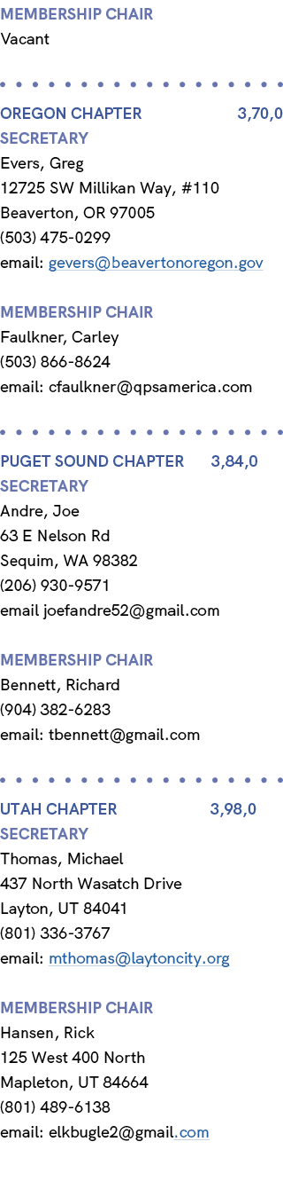 membership chair Vacant OREGON CHAPTER 3,70,0 Secretary Evers, Greg 12725 SW Millikan Way, #110 Beaverton, OR 97005 (...