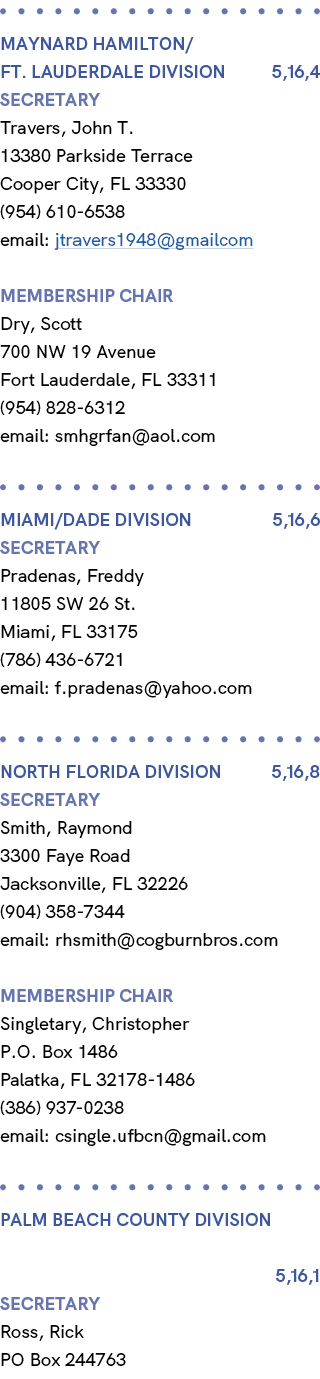  Maynard Hamilton/ ft. Lauderdale division 5,16,4 Secretary Travers, John T. 13380 Parkside Terrace Cooper City, FL 3...