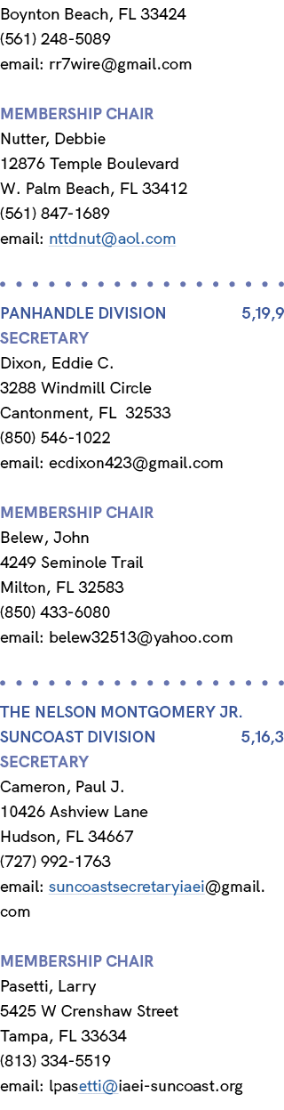 Boynton Beach, FL 33424 (561) 248 5089 email: rr7wire@gmail.com membership chair Nutter, Debbie 12876 Temple Boulevar...