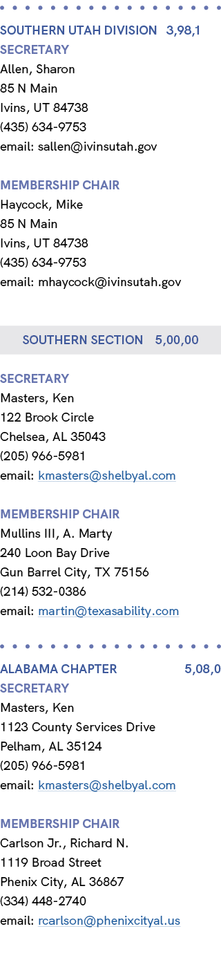  SOUTHERN UTAH Division 3,98,1 Secretary Allen, Sharon 85 N Main Ivins, UT 84738 (435) 634 9753 email: sallen@ivinsut...