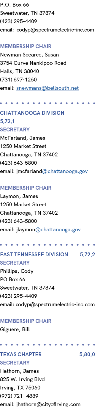 P.O. Box 66 Sweetwater, TN 37874 (423) 295 4409 email: codyp@spectrumelectric inc.com membership chair Newman Scearce...