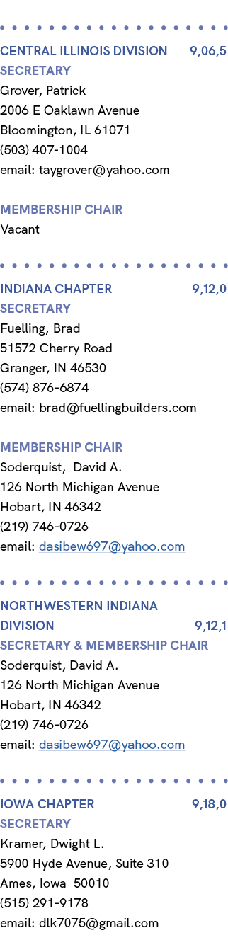  Central Illinois Division 9,06,5 Secretary Grover, Patrick 2006 E Oaklawn Avenue Bloomington, IL 61071 (503) 407 100...
