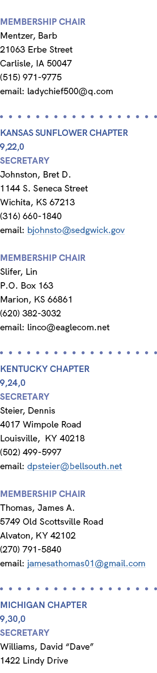  membership chair Mentzer, Barb 21063 Erbe Street Carlisle, IA 50047 (515) 971 9775 email: ladychief500@q.com KANSAS ...