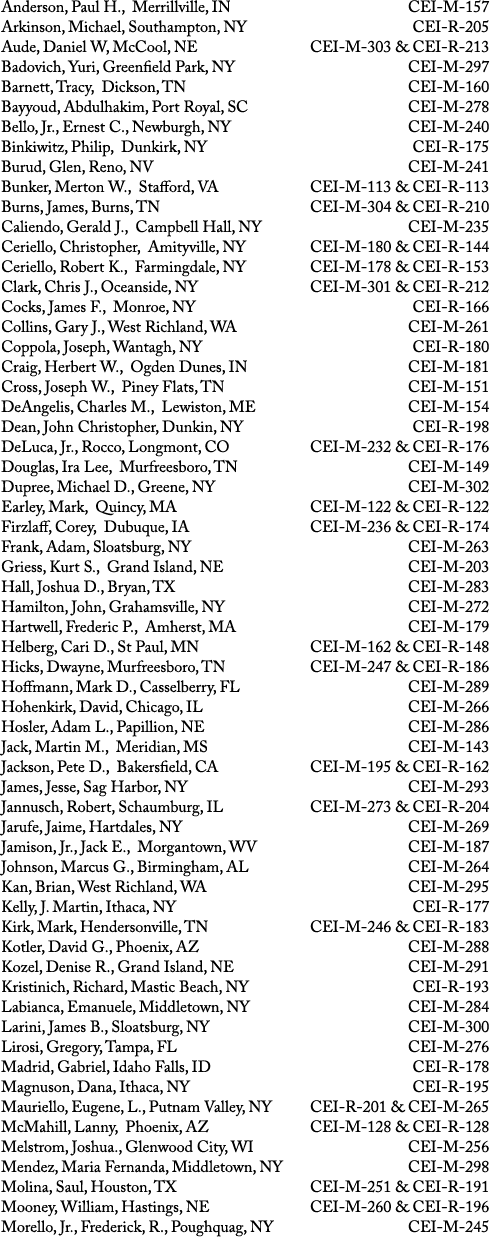 Anderson, Paul H., Merrillville, IN CEI M 157 Arkinson, Michael, Southampton, NY CEI R 205 Aude, Daniel W, McCool, NE...