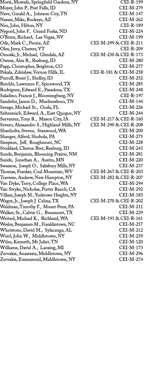 Morsi, Mostafa, Springfield Gardens, NY CEI R 199 Moyer, John P., Post Falls, ID CEI M 279 Nave, Gerald A., Johnson C...