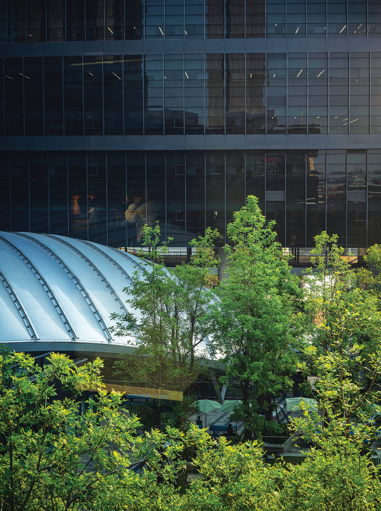 A view of the office building through green trees in front,True Digital Park is located in the eastern part of Bangkok. Close to Punnawithi BTS station and located in the heart of Thailand's digital innovation district