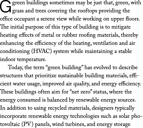 Ggreen buildings sometimes may be just that, green, with grass and trees covering the rooftops providing the office o...