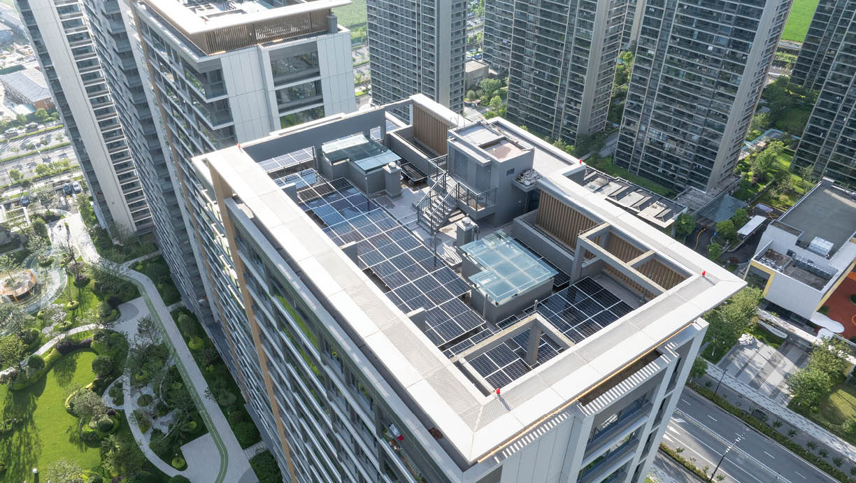 A large building with a rooftop pool and a deck. AI generated content