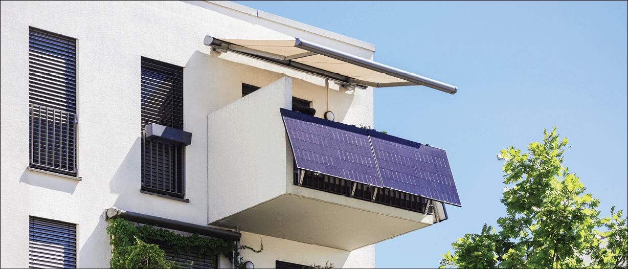 A white building with a blue awning on the second floor. AI generated content