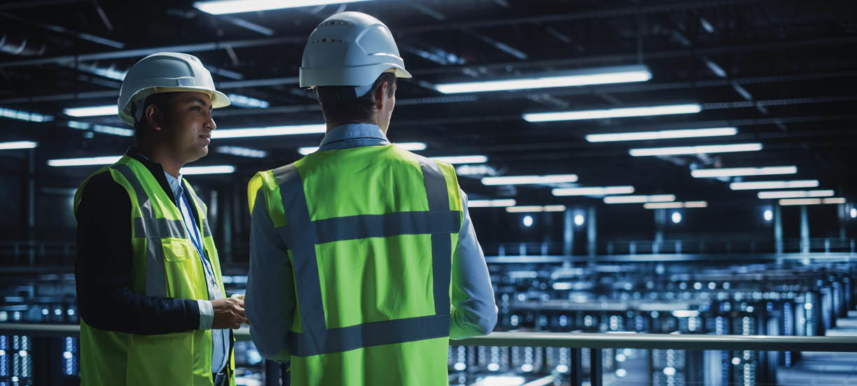 Two men in hard hats are standing in a large room, possibly a factory or warehouse. AI generated content
