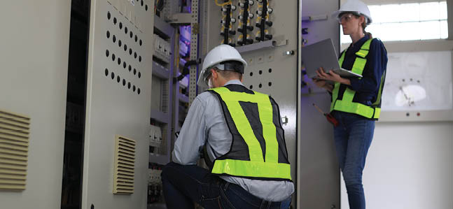 Two people working on electrical equipment. Description generated by AI