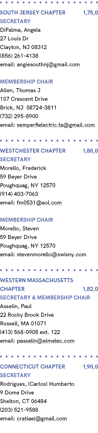 SOUTH JERSEY Chapter 1,75,0 Secretary DiPalma, Angela 27 Louis Dr Clayton, NJ 08312 (856) 261 4138 email: angiesouthn...