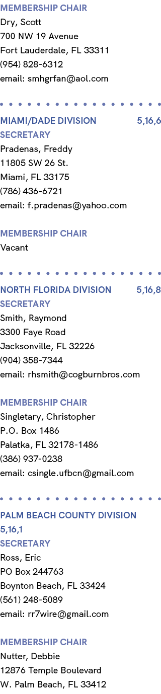membership chair Dry, Scott 700 NW 19 Avenue Fort Lauderdale, FL 33311 (954) 828 6312 email: smhgrfan@aol.com MIAMI/D...