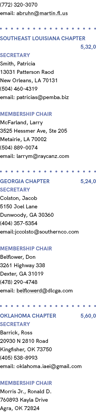 (772) 320 3070 email: abruhn@martin.fl.us SOUTHEAST LOUISIANA Chapter 5,32,0 Secretary Smith, Patricia 13031 Patterso...