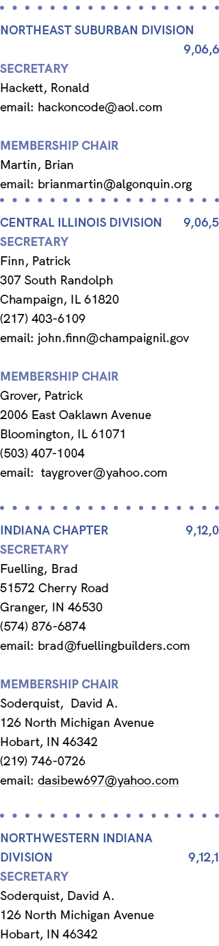  Northeast suburban Division 9,06,6 Secretary Hackett, Ronald email: hackoncode@aol.com membership chair Martin, Bria...