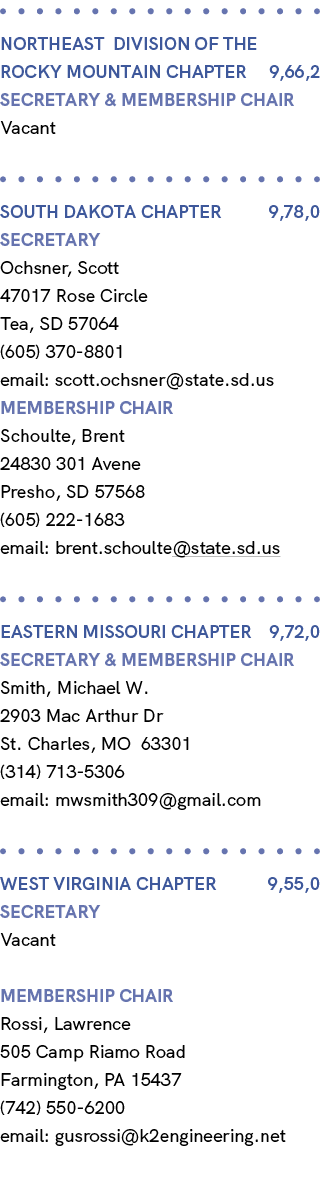  NORTHEAST Division OF THE ROCKY MOUNTAIN Chapter 9,66,2 Secretary & MEMBERSHIP CHAIR Vacant SOUTH DAKOTA Chapter 9,7...