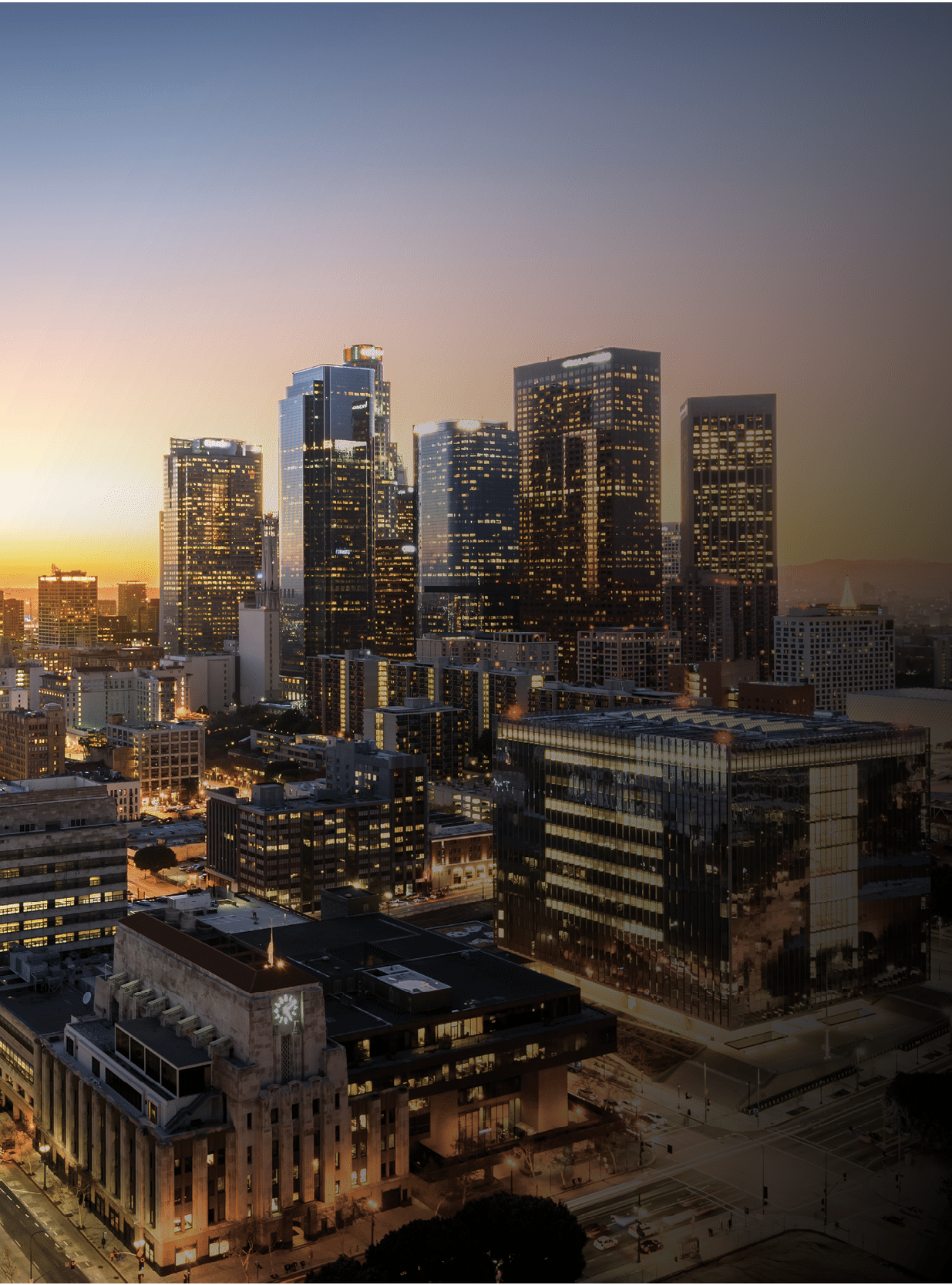 A city skyline at dusk with tall buildings and a clock tower. Description generated by AI