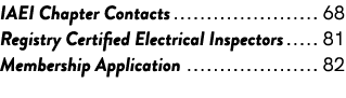 IAEI Chapter Contacts 68 Registry Certified Electrical Inspectors 81 Membership Application 82