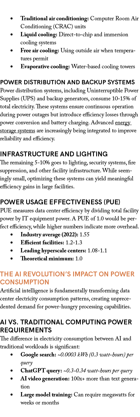 • Traditional air conditioning: Computer Room Air Conditioning (CRAC) units • Liquid cooling: Direct to chip and imme...
