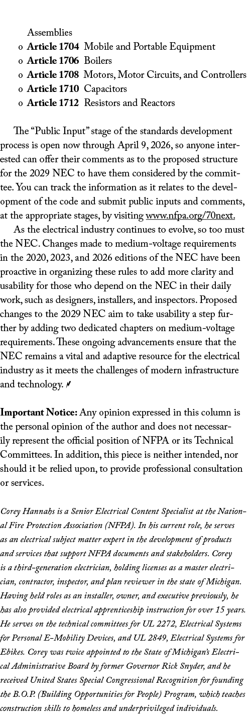 Assemblies o Article 1704 Mobile and Portable Equipment o Article 1706 Boilers o Article 1708 Motors, Motor Circuits,...