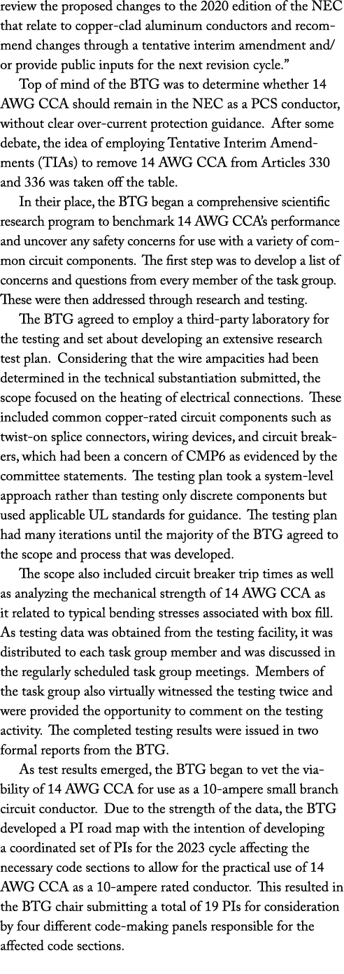review the proposed changes to the 2020 edition of the NEC that relate to copper clad aluminum conductors and recomme...