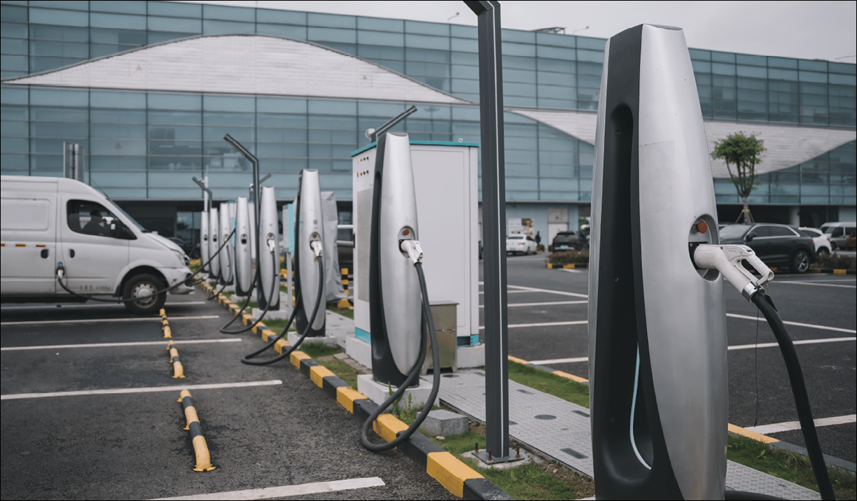 Modern Electric Vehicle Charging Stations at Urban Parking Lot
