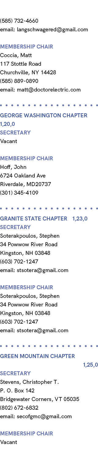 (585) 732 4660 email: langschwagered@gmail.com membership chair Coccia, Matt 117 Stottle Road Churchville, NY 14428 (...