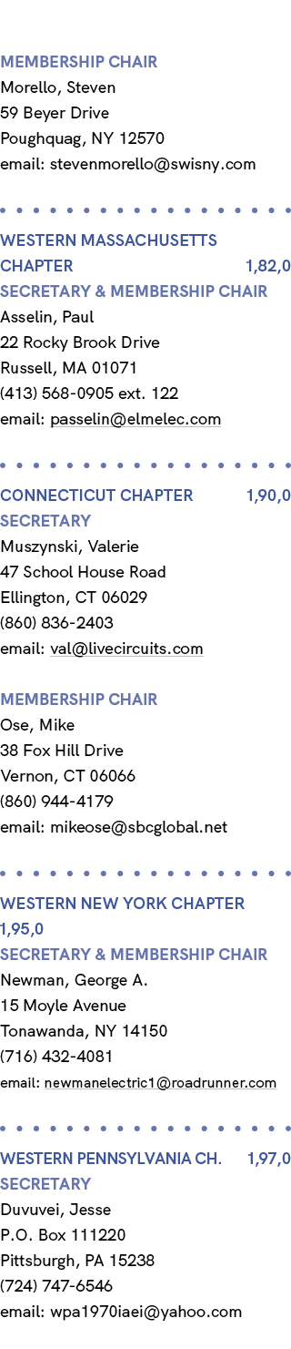 membership chair Morello, Steven 59 Beyer Drive Poughquag, NY 12570 email: stevenmorello@swisny.com Western MassachUs...