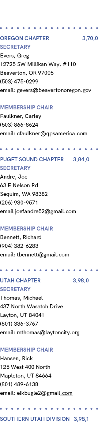  OREGON CHAPTER 3,70,0 Secretary Evers, Greg 12725 SW Millikan Way, #110 Beaverton, OR 97005 (503) 475 0299 email: ge...